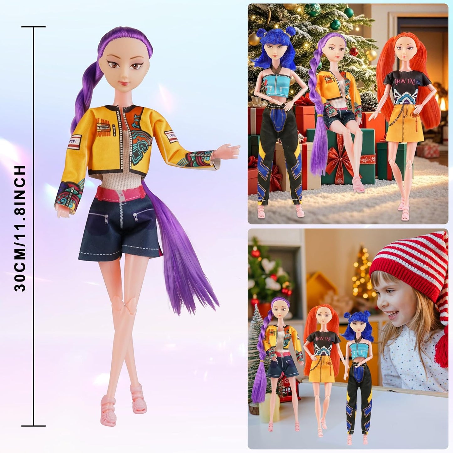 11.8-inch Demon Hunters Toys Action Dolls Set, Poseable Dolls with Movable Joints, Includes Anime Style Waterproof Vinyl Stickers