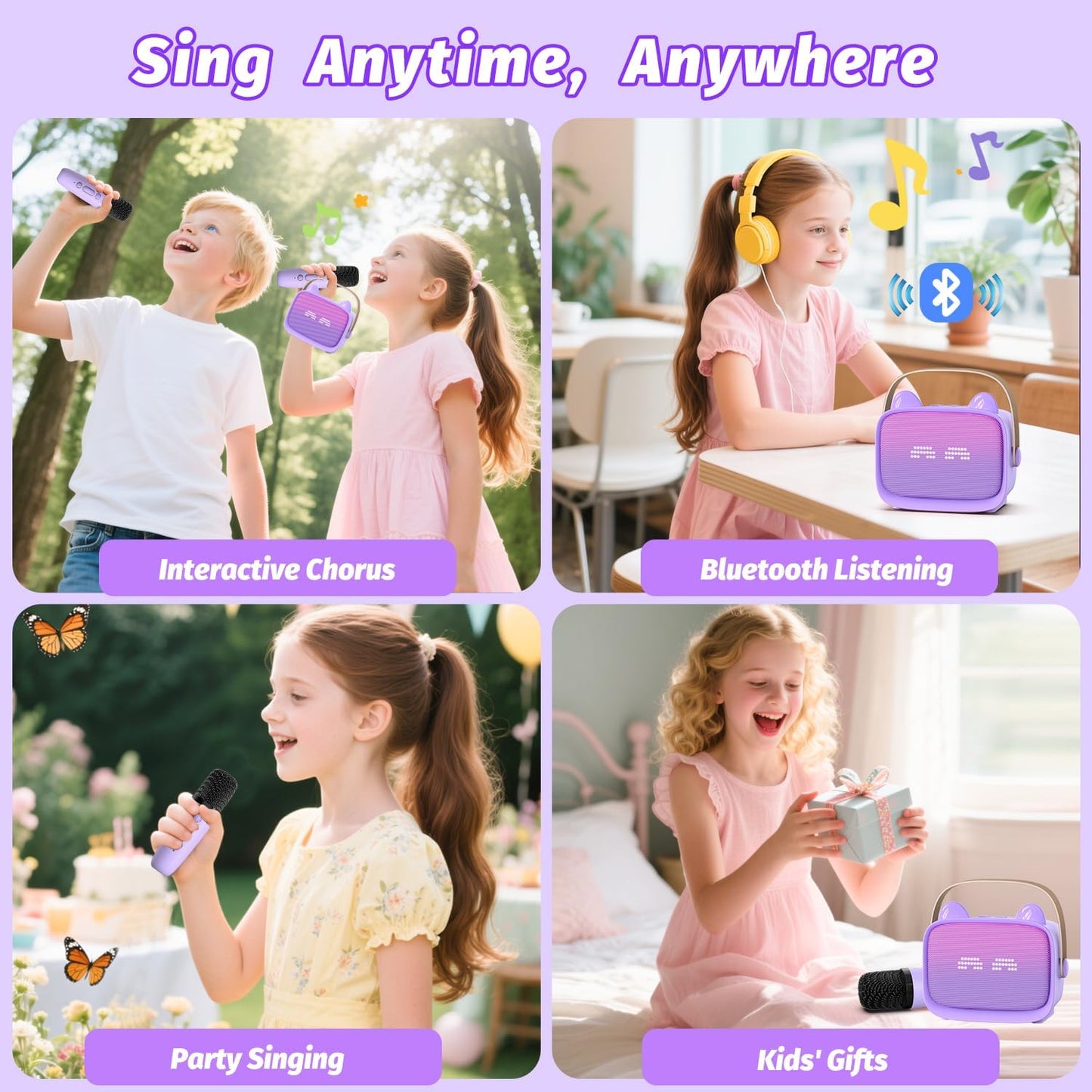Mini Karaoke Machine Toys Gifts,Kids Portable MP3 Player with 2 Wireless Microphone and LED,Christmas Birthday Gifts for Girls Boys 3 4 5 6 7 8+ Year Old (Purple)