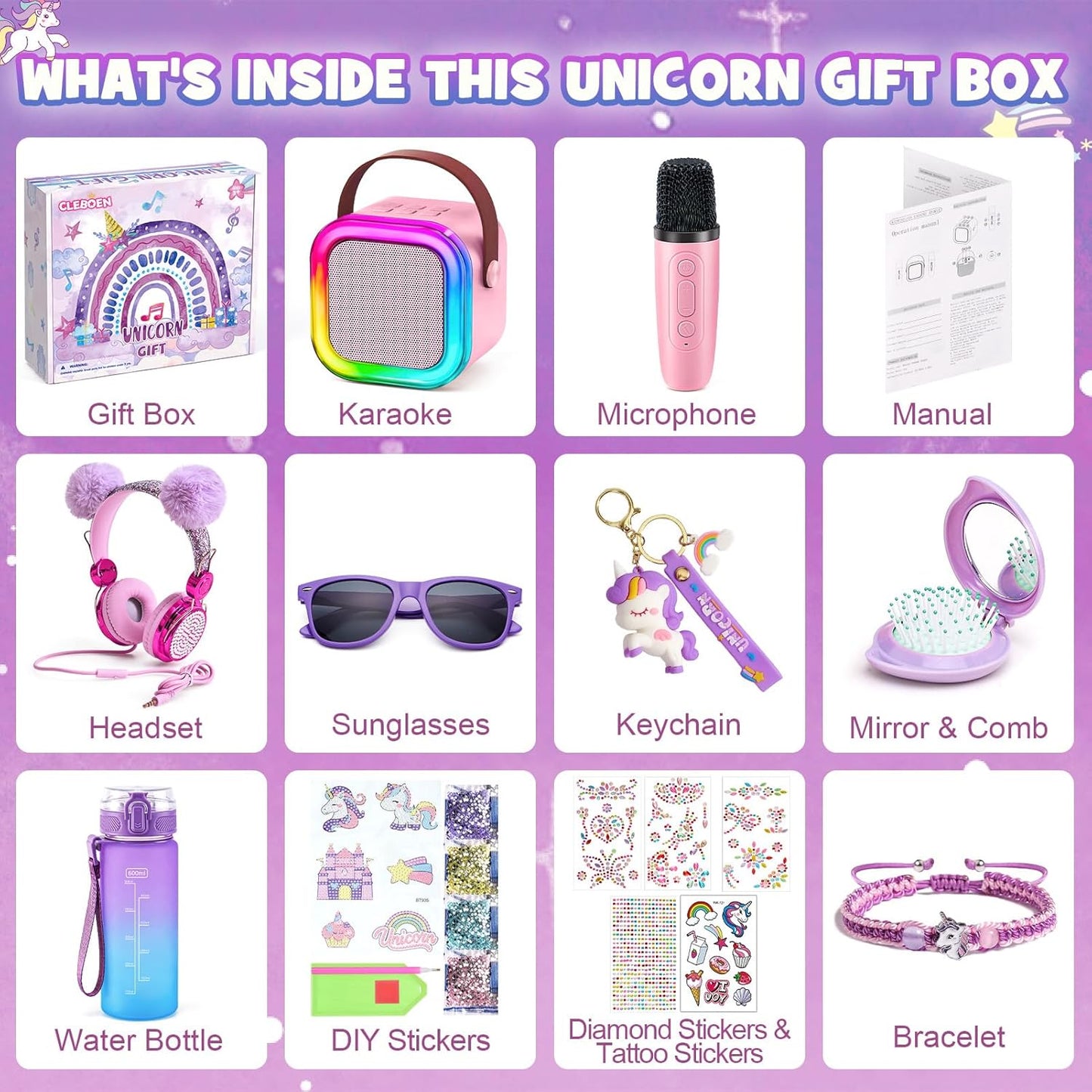 Unicorn Gift for Girls Toys with Kids Karaoke/Microphone/Headphone/DIY Water Bottle/Keychain/Bracelet/Comb, Christmas Birthday Gifts for Girls 3 4 5 6 7 8 9 10+ Year Old Girl Gift Unicorn Toys